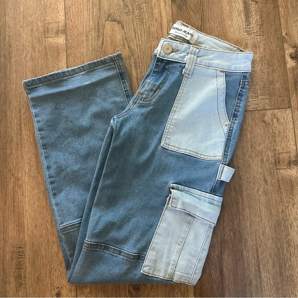 GOGO Utility Cargo Jeans, Women’s, Contrasting Washes, Streetwear, Size 0/24